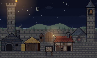 The village square at night, with the watchtower, the forge, the stable, the bakery and the bell tower